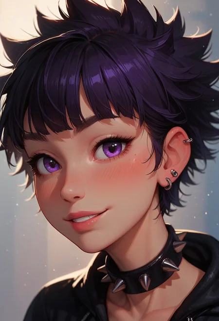 score_9_up, score_8_up, score_7_up, score_6_up, abstract, 1girl, solo, 25 years old, perfect face, petite, close view, 
dark purple hair, spiked hair, ear piercing,
spiked collar, 
black hoodie,
winter, 
blush, shy smile, portrait, face focus, depth of field, looking at viewer,