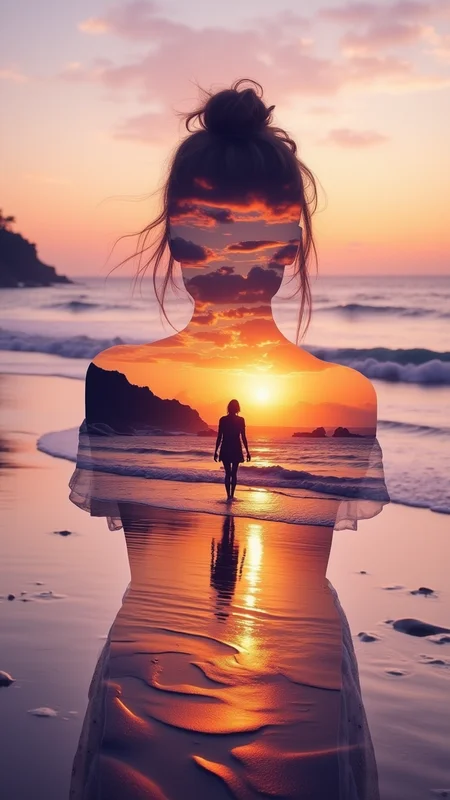 a serene beach scene at sunset, featuring a woman's silhouette combined with a vibrant landscape. The woman's back is adorned with the imagery of a tranquil ocean and a colorful sunset, blending warm hues of orange, pink, and purple. The calm waters reflect the colors of the sky, creating a harmonious gradient. In the background, soft clouds drift, enhancing the atmospheric effect. A solitary figure walks along the shoreline, emphasizing a sense of solitude and introspection. The overall aesthetic is a mix of surrealism and impressionism, evoking emotions of peace and wonder. bo-exposure, double exposure,