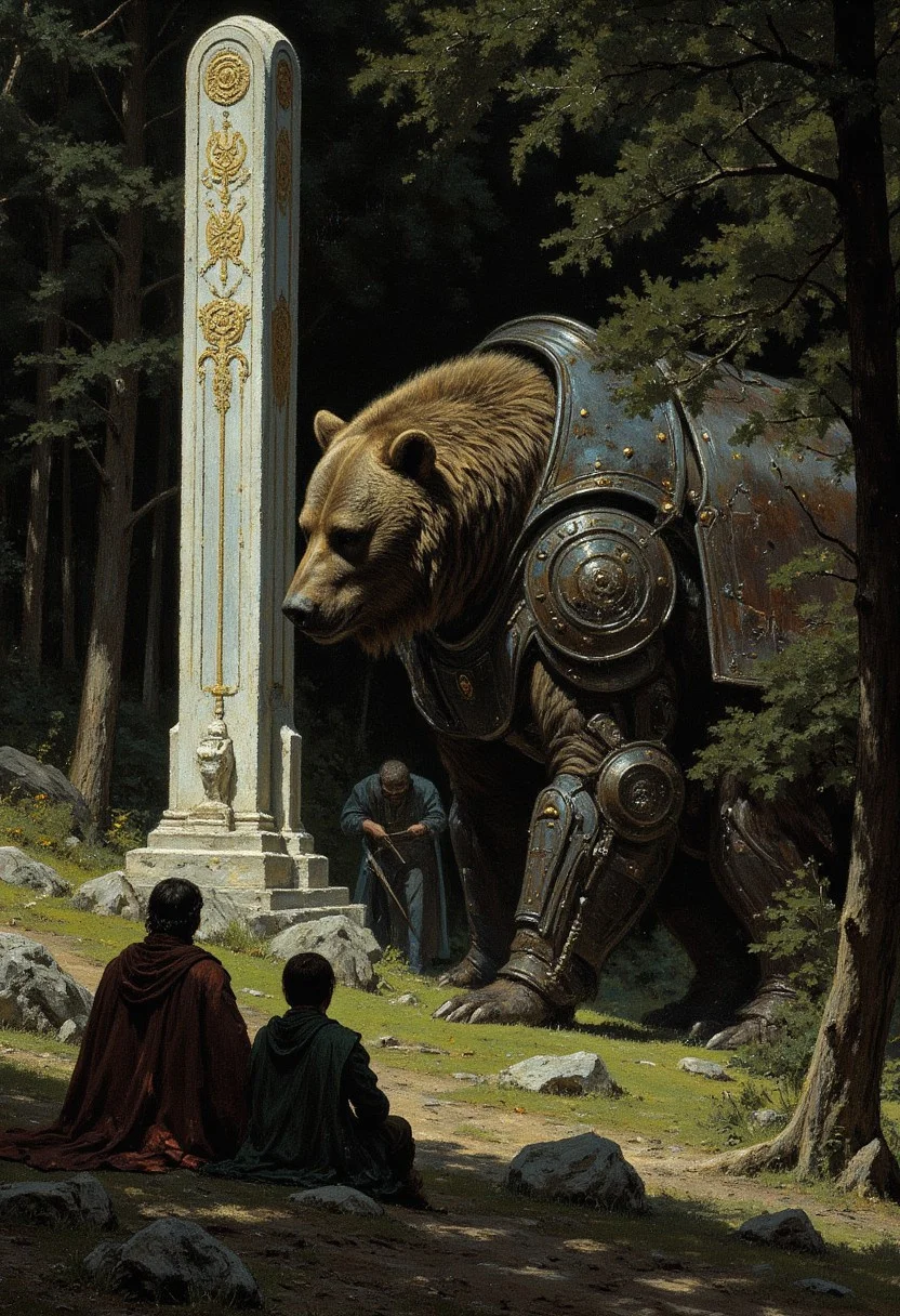 Roland and his ka-tet observing Shardik from a hidden ridge. The towering guardian bear, part machine, part living creature, grazes near an ancient, crumbling monolith etched with the sigils of North Central Positronics, his nuclear-powered heart audibly humming in the eerie silence of the woods.
