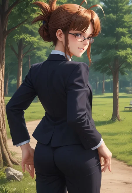 Masterpiece, ultra sharp, ultra detailed 1 Girl, age legal, 19 years old, mature, flat chest, small breasts, gorgeous, innocence,
akizuki ritsuko, solo,,antenna hair,folded ponytail,glasses,brown eyes,short hair,
black business suit,jacket,collared shirt,white shirt,black pants,
p@nts3d_1n_pu8l1c,pants pull,ass,,pantsed,clothes pull,tree,hands tied,angry,evil grin
Rear view, view ass,
No visible sex