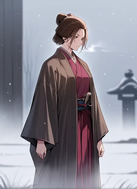 masterpiece,best quality, 1girl, standing,blurred background, (fog:1.2),snow background, solo, EmmaSekiro, <lora:EmmaSekiro:1>