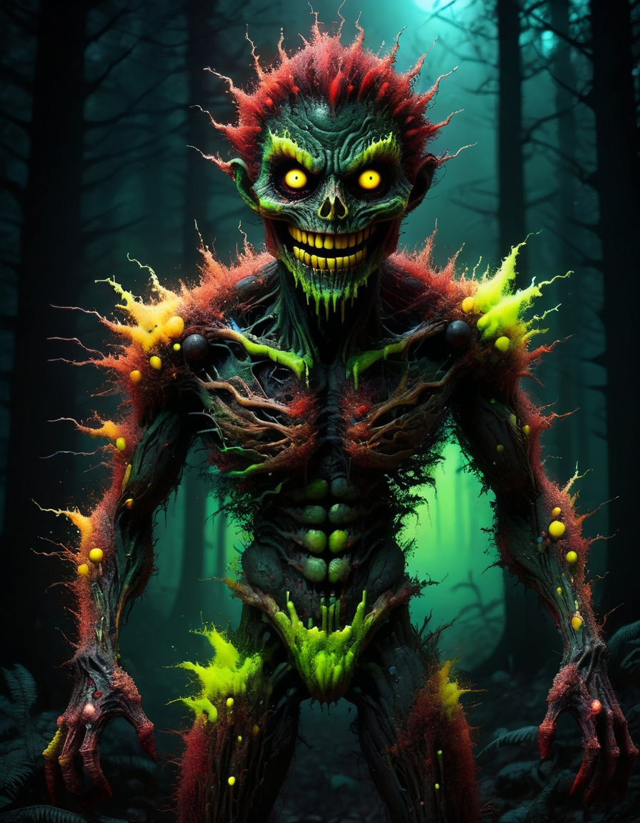 "japanese cartoon style, dark forest, full body, dark desaturated green, deep blood red, rusty brown, (horrific shadow creature:1.25) with blacklight makeup, glowing eyes, yellow smile, (neon leds implanted in skin:1.25), perfect anatomy, horror, creepy, dark, eerie, menacing, supernatural, monster, nightmare, masterpiece, best quality, highly detailed, sharp focus, dynamic lighting, vivid colors, texture detail, particle effects, storytelling elements, narrative flair, 16k, UE5, HDR, subject-background isolation,, made of ral-pxlprtcl <lora:ral-pxlprtcl:1>