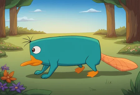 safe_pos, perry_the_platypus, solo, score_9, score_8_up, score_7_up, score_6_up, score_5_up, score_4_up, source_furry, hi res, sfw, 2D artwork.
1boy, solo, perry, teal fur, male furry, fur, duck feet, orange feet, webbed feet, duck bill, orange beak, beaver tail, orange tail, brown eyes, feral, quadrupedal, on all fours, Cross-eyed.
walking on all fours, animal walking, walking like an animal, indifferent expression, from side, animal focus.
outdoors, blue sky, in a garden, plants, grass.