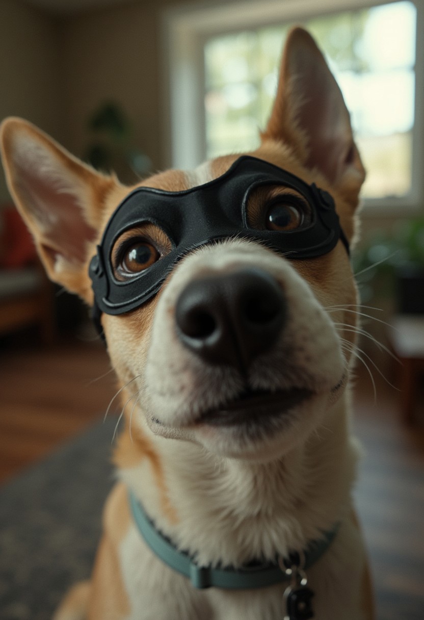 A mischievous dog in a black mask peers curiously towards the camera, its wide eyes sparkling with playful energy. The dog's snout is prominent, adorned with distinctive markings and a white patch, accentuating its adorable expression. Behind the pet, a softly lit indoor space with muted colors provides a cozy backdrop, while hints of furniture and a window suggest a playful home environment, capturing the playful spirit of the moment. cinematic_1940s cinematic_octane
