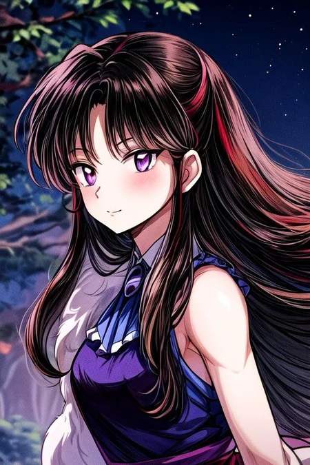 masterpiece, best quality 1girl Setsun4 solo long hair, (night time) forest background black hair very long hair purple eyes multicolored hair armor (fur trim) (medium body),<lora:EMS-179-EMS:0.800000>,<lora:EMS-293862-EMS:0.800000> bow, hair_bow, hair_tubes, red_bow, brown_hair, long_hair, bangs, ascot, frilled_bow, yellow_ascot, blush, smile, hair_between_eyes, athletic, armor
