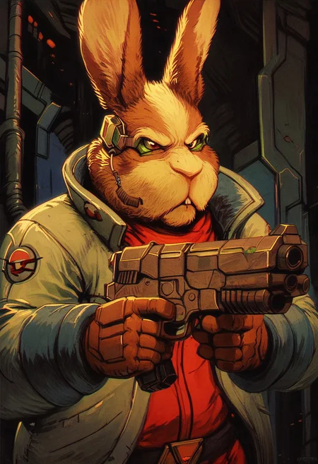 score_9, score_8, score_7, score_6, 1boy, solo, knva, retro artstyle, science fiction, Peppy Hare, chubby, anthro furry, furry male, spaceship, dynamic pose, serious, (((gun, sci-fi gun)))