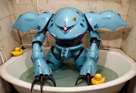score_9, score_8_up, score_7_up, source_anime, front view, BREAK, ( hygogg, blue_hygogg_armor, pink monoeye, looking at viewer, leaning forward, long arms, very long arms, claw on edge of tub, long claws) 1mech, wide mech, large shoulders, large shoulder armor, mech focus, solo, BREAK, bathroom, hygogg in bathtub, in water, half submerged, rubber ducks, holding rubber duck in claws,