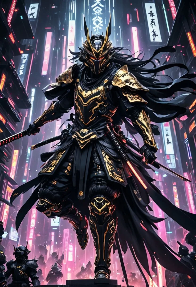 A closeup of fantastical image of a kurosawa samurai, jumping on the top building while holding a sword, cyberpunk-style warrior, The subject is clad in an elaborate, dark armored suit with intricate details and glowing gold accents, The helmet features sharp, angular designs with a menacing, visor-covered face, The armor includes various technological components and Japanese kanji characters in white and gold on the chest and arm, The warrior is equipped with multiple swords, filled with power and determination, glowing sword, jumping, motion jump, action pose, from behind view, from above view, behind from afar view, futuristic tall digital buildings, futuristic digital city, was in a very tall building, skindentation, glowing, shiny, scifi, neon lights, intricate artistic color, cinematic light, radiant, vibrant, perfect symmetry, Grayscale, Dramatic spotlight, highly color focused, dynamic motion,