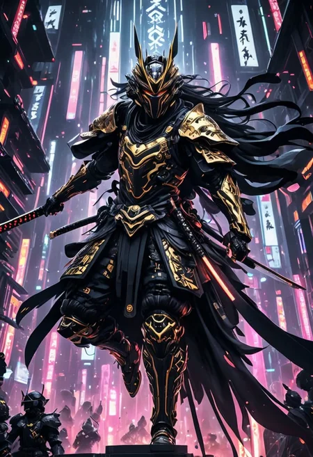 A closeup of fantastical image of a kurosawa samurai, jumping on the top building while holding a sword, cyberpunk-style warrior, The subject is clad in an elaborate, dark armored suit with intricate details and glowing gold accents, The helmet features sharp, angular designs with a menacing, visor-covered face, The armor includes various technological components and Japanese kanji characters in white and gold on the chest and arm, The warrior is equipped with multiple swords, filled with power and determination, glowing sword, jumping, motion jump, action pose, from behind view, from above view, behind from afar view, futuristic tall digital buildings, futuristic digital city, was in a very tall building, skindentation, glowing, shiny, scifi, neon lights, intricate artistic color, cinematic light, radiant, vibrant, perfect symmetry, Grayscale, Dramatic spotlight, highly color focused, dynamic motion,