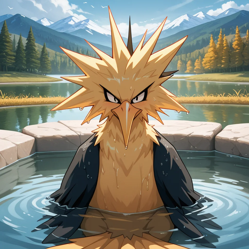 ((vibrant, detailed, detailed background, amazing quality, colorful, masterpiece, 8k, rtx)), beutiful background, BREAK 
<lora:zapdos-illus-14:1> pzapb, pokemon \(creature\), bird, 1other, sitting, lake, partially submerged, bathing, wet body,
