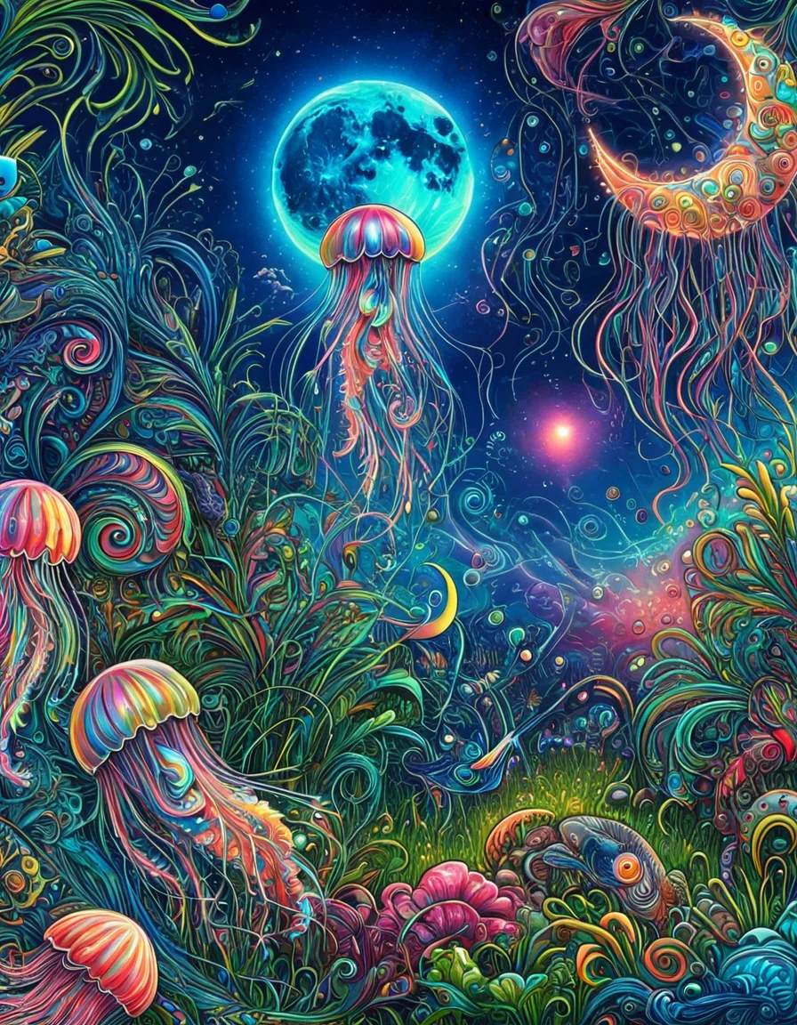 psychedeliclora, glowing, crescent moon, grass, blue eyes, bird, multicolored background, jellyfish, fish