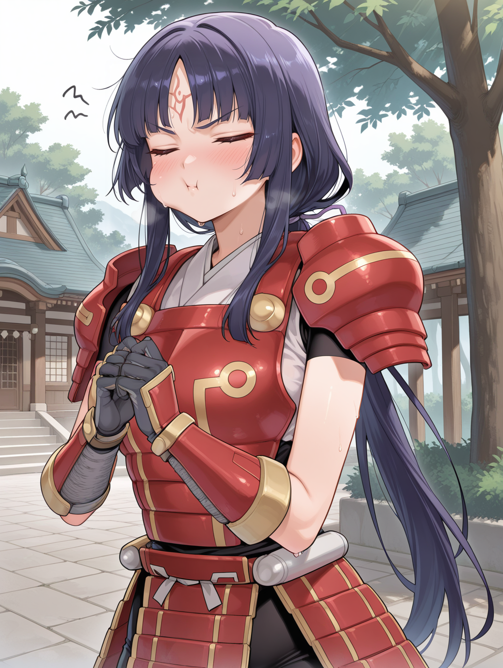 legendary six samurai - mizuho,blush,solo,looking at viewer,sweat,sound effect,sweatdrop,hands up,own hands together,upper body,1girl,purple hair ribbon,red forehead mark,red shoulder armor,red armored gloves,red armored skirt,red breastplate,white shirt,low ponytail,black shorts,red eyes,puffy cheeks,angry,east asian architecture,:t,closed eyes,outdoors, castle, tree
masterpiece,best quality,amazing quality,very aesthetic,absurdres,newest,<lora:Legendary Six Samurai - Mizuho illuXL v1:0.75>,