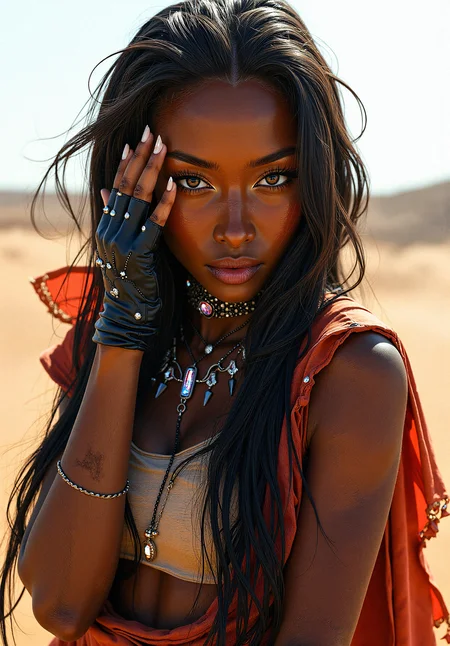 Photorealistic depiction of a beautiful, dark-skinned female cybernetic Tech-Nomad in a Post-Apocalyptic Desert, 

Include fingerless gloves with tiny crystals embedded along the seams, catching the light and adding a touch of sparkle to her outfit. Include a choker with intricate beadwork and a central gemstone that glows softly, drawing attention to her neckline and face.a layered shawl with intricate fractal edges, draped over her shoulders and moving gently with her, adding depth to her outfit. Subtle dirt on her face

Leaning forward slightly with one hand resting gently on her head,