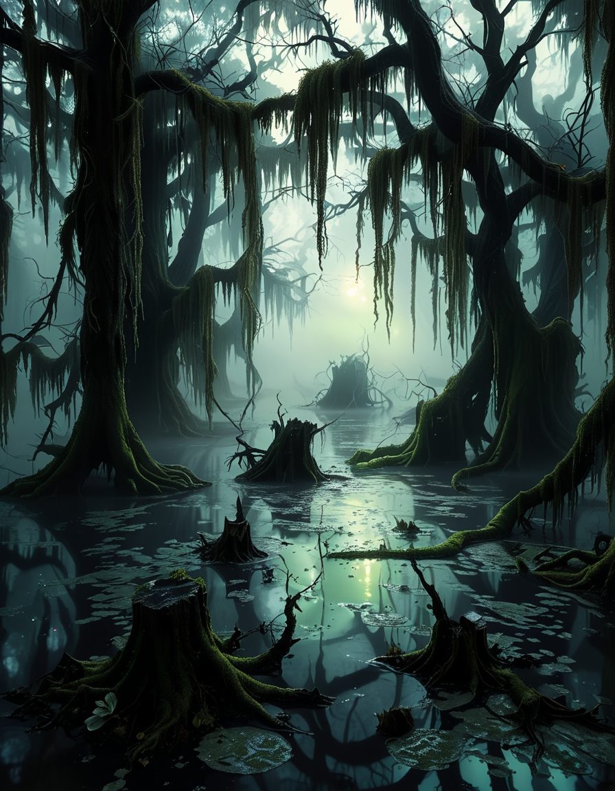 A demonic fairy woman sitting gracefully in an ominous swamp,0m1n0us sw4mp. She has a hauntingly beautiful appearance, with translucent, tattered wings resembling those of an insect, glowing faintly in a dark, eerie hue. Her skin is pale with subtle, intricate patterns like magical runes etched into it, and her eyes glow with an unsettling red or violet light. She wears an ethereal, dark gown made of shredded, otherworldly fabric that appears to flow like smoke, blending with the mist of the swamp. Her hair is long, wild, and black with streaks of silvery white, floating slightly as if affected by unseen magical energy.
The swamp around her is dark and foreboding, with twisted, gnarled trees reaching out like claws. The water is murky, reflecting a pale, sickly green glow from bioluminescent plants and fungi scattered throughout. The air is filled with a faint, ghostly mist, and strange, faint lights hover in the background, adding a mystical atmosphere. The lighting is dim, with a soft, ethereal glow illuminating the fairy woman from below, contrasting with the deep shadows of the swamp. The mood is dark, mysterious, and magical, evoking both beauty and menace.<lora:SDXLFaeTastic2400:0.4> <lora:extremely_detailed:0.4> extremely detailed, <lora:0m1n0us_sw4mp:1>, Masterpiece,best quality,hi res,8k,hi res,8k,award winning,(sharp focus, intricate, highly detailed),