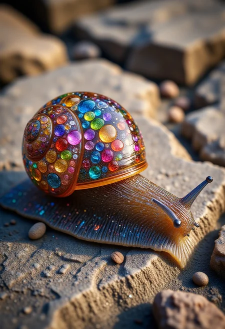 (Macro photograph:1.2) of a snail resting on a stone. Its shell is transparent, revealing a delightful mix of glitter and colorful candies inside. The overall tone of the image is harmonious and beautiful, capturing the whimsical essence of this enchanting scene, 8k, best quality, ultra-realistic. aidmaMJ6.1, aidmaimageupgrader, crystalz, Chiaroscuro Lighting Style, Covered in shadows , partially covered in shadows