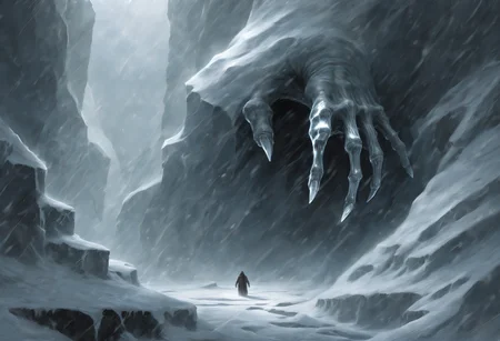 The monochromatic painting depicts a colossal, bony hand emerging from an icy abyss. The hand is deformed and adorned with long, sharp claws. The background is dominated by ice and snow, creating a cold and hostile atmosphere. The hand appears to be breaking through the reflective surface of the ice, hinting at a massive creature lurking beneath. (A blizzard rages on, adding to the intensity, while the snowstorm envelops the scene, making the hand's emergence even more dramatic:1.2).

concept art, photo bashing, digital painting, matte painting, megascans, octane rendering, god rays, ray tracing, lumen, high-resolution

