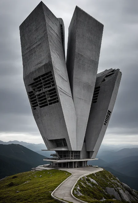 dreamscape misty cloudy top of the rocky mountain, a person standing against huge concrete simplistic shaped structure brutalism style,(( dull composition with faded colors)), size contrast composition between huge abandoned building and a lonely person really small sized comparing to structure shaped by zaha hadid,towering polygonal concrete building by zaha hadid . surreal, ethereal, dreamy, mysterious, fantasy, highly detailed, brutalist building