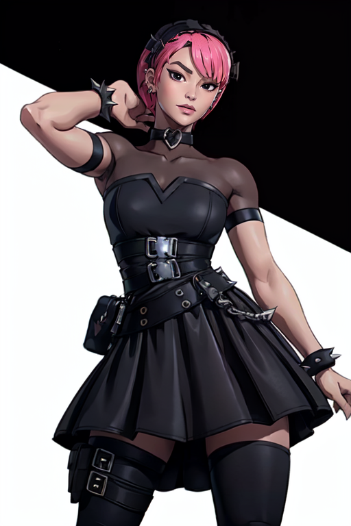 masterpiece,best quality,face detail,extreme detail,8k,white background,<lora:minapark:0.7>,minapark,1girl,solo,looking at viewer,short hair,skirt,thighhighs,dress,jewelry,standing,pink hair,choker,belt,black thighhighs,black eyes,black dress,bracelet,thigh strap,spikes,pouch,spiked bracelet,gothic,wide hips,cowboy_shot,