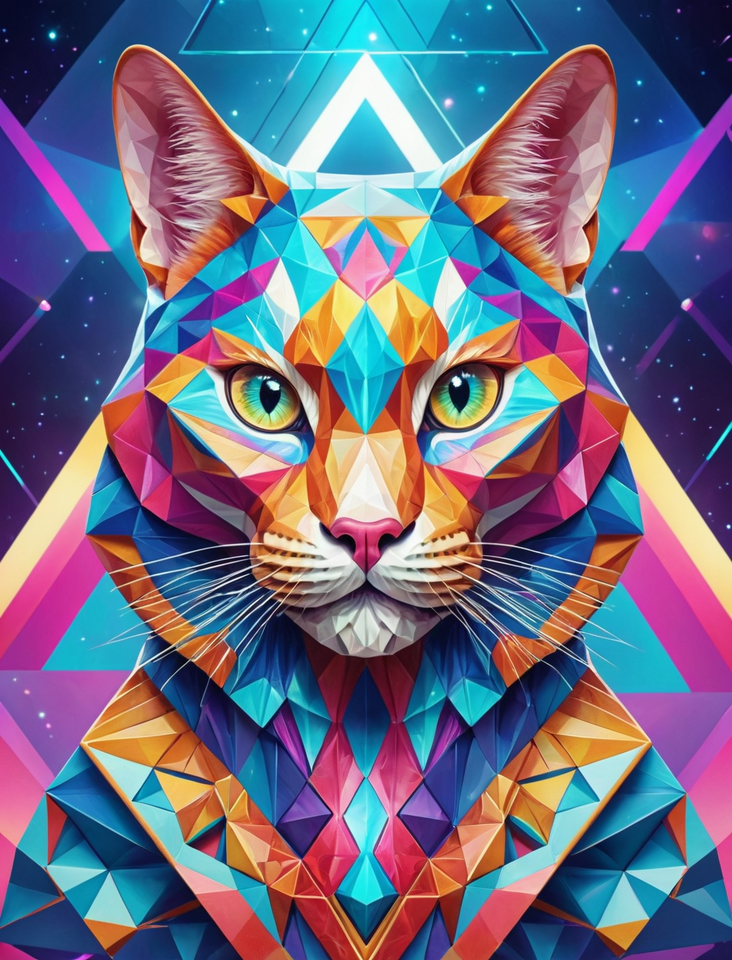 Geometric shape cat, hyperrealistic, geometric background with optical illusion, high detail, vibrant colors, dynamic composition, ethereal, soft lighting, intricate designs, ultra-quality, abstract polygonal art, symmetrical patterns, modern design, futuristic theme