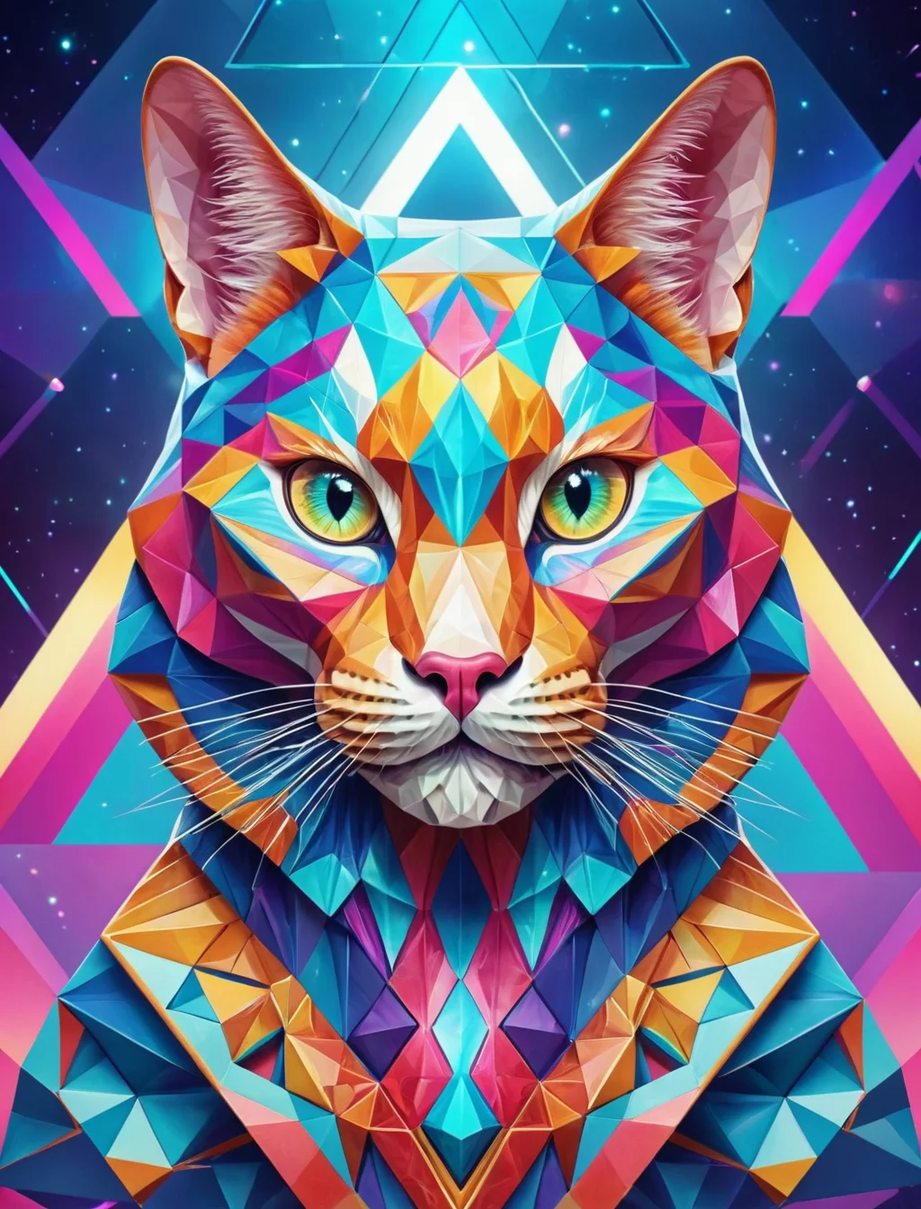 Geometric shape cat, hyperrealistic, geometric background with optical illusion, high detail, vibrant colors, dynamic composition, ethereal, soft lighting, intricate designs, ultra-quality, abstract polygonal art, symmetrical patterns, modern design, futuristic theme