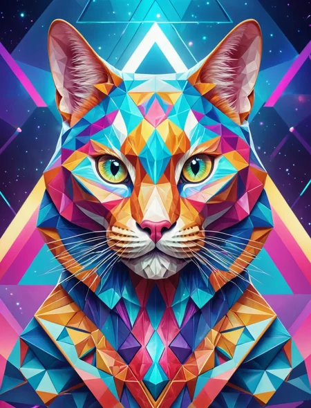Geometric shape cat, hyperrealistic, geometric background with optical illusion, high detail, vibrant colors, dynamic composition, ethereal, soft lighting, intricate designs, ultra-quality, abstract polygonal art, symmetrical patterns, modern design, futuristic theme