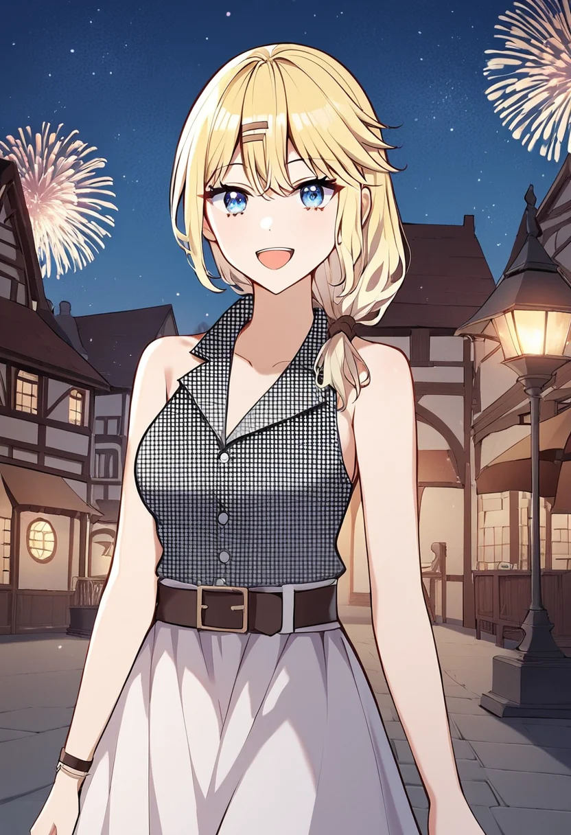 yvonne_smollett, blonde hair, long hair, blue eyes, medium breasts, sleeveless shirt, casual outfit 2, white skirt, belt, tied hair, hair over shoulder BREAK outdoors, medieval city square, night, starry night, fireworks BREAK cowboy shot, looking at viewer, standing,open mouth, happy face , dynamic pose BREAK score_9, score_8_up, score_7_up, source_anime ,zPDXL, perfect hand , <lora:Yvonne_Smollett:0.8>
