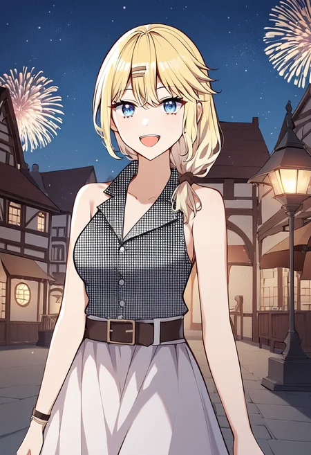 yvonne_smollett, blonde hair, long hair, blue eyes, medium breasts, sleeveless shirt, casual outfit 2, white skirt, belt, tied hair, hair over shoulder BREAK outdoors, medieval city square, night, starry night, fireworks BREAK cowboy shot, looking at viewer, standing,open mouth, happy face , dynamic pose BREAK score_9, score_8_up, score_7_up, source_anime ,zPDXL, perfect hand , <lora:Yvonne_Smollett:0.8>