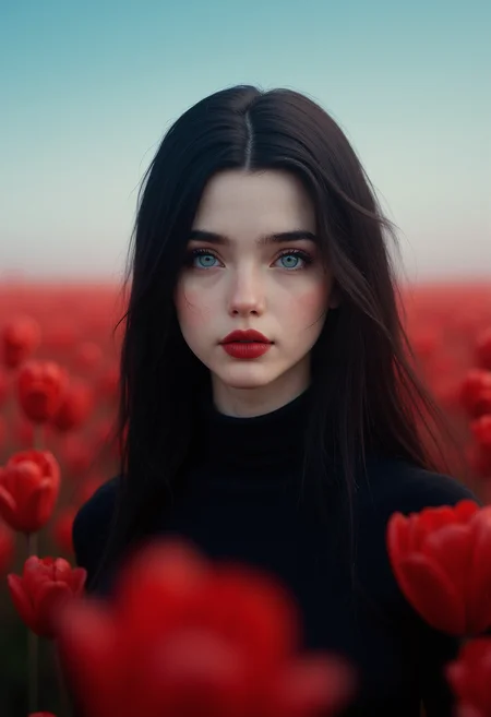 A hyper-realistic portrait of a young woman with a pale complexion and delicate facial features, standing in a vast field of red tulips. She has long, straight, black hair cascading down her shoulders and back, slightly disheveled. Her eyes are large, almond-shaped, and have a striking light blue color with a slightly intense gaze. She has full lips with deep red lipstick, and her expression is neutral, almost melancholic. She is wearing a black high-necked top, which blends with her dark hair, creating a subtle contrast with her pale skin. The perspective is close-up, focusing on her face and upper body, with blurred red tulips in the foreground and background, adding depth. The sky above is clear with a subtle gradient of blue, without any clouds, enhancing the serene yet slightly moody atmosphere of the image.<lora:FluxMythP0rtr4itStyle:0.8> MythP0rt, <lora:aidmaImageUpgrader-FLUX-V0.1:0.33> detailmaximizer, <lora:Sinfully_Stylish_.02_for_FLUX-000002:0.4>
