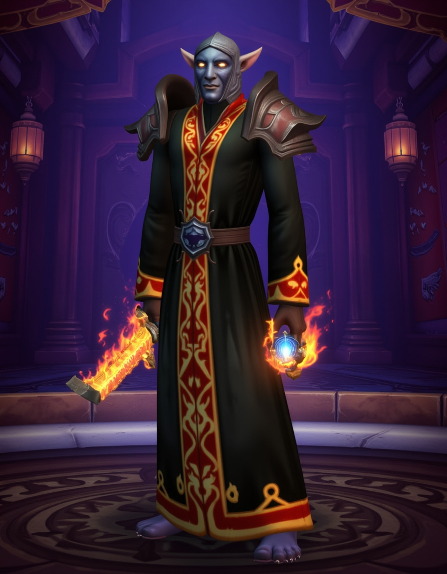 WOW_Character_Style, This image is a digital drawing of a World of Warcraft character standing in an ornate, dimly lit room. The character, a humanoid figure with a mask-like face and pointed ears, wears a dark, long robe adorned with intricate red and gold patterns. The robe is open at the chest, revealing armored shoulder plates with a metallic texture. In one hand, the character holds a glowing, fiery sword that emits bright orange flames, and in the other hand, a glowing blue orb. The background features a grand, gothic-style room with high ceilings and large, shadowy columns. The walls are adorned with tapestries and hanging lanterns, casting a warm, amber light throughout the space. The floor is a circular stone pattern, adding to the mystical and ancient ambiance of the scene. The overall color palette is dominated by deep purples and blacks, with highlights of warm light from the character's weapons and the lanterns, creating a dramatic and otherworldly atmosphere.
