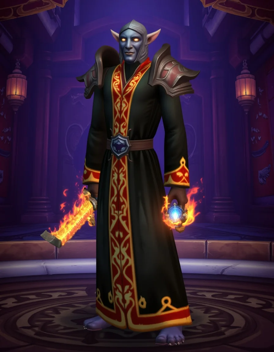 WOW_Character_Style, This image is a digital drawing of a World of Warcraft character standing in an ornate, dimly lit room. The character, a humanoid figure with a mask-like face and pointed ears, wears a dark, long robe adorned with intricate red and gold patterns. The robe is open at the chest, revealing armored shoulder plates with a metallic texture. In one hand, the character holds a glowing, fiery sword that emits bright orange flames, and in the other hand, a glowing blue orb. The background features a grand, gothic-style room with high ceilings and large, shadowy columns. The walls are adorned with tapestries and hanging lanterns, casting a warm, amber light throughout the space. The floor is a circular stone pattern, adding to the mystical and ancient ambiance of the scene. The overall color palette is dominated by deep purples and blacks, with highlights of warm light from the character's weapons and the lanterns, creating a dramatic and otherworldly atmosphere.