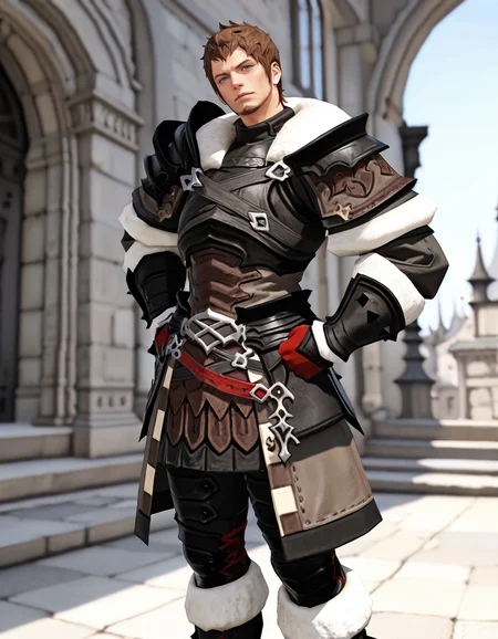 masterpiece, best quality, newest, perfect quality, best quality, detailed background, intricate details, male focus, solo, photorealistic, <lora:FFXIV - Ardbert Hylfyst - Illustrious 2_3-000004:0.7>, ardbert_ffxiv, 1boy, mature male, short hair, brown hair, blue eyes, goatee, fur-trimmed collar, fur-trimmed pauldrons, armor, fur-trimmed gloves, tassets, fur-trimmed boots, standing, hands on own hips, clenched hands, from side, looking at viewer, head tilt, outdoors