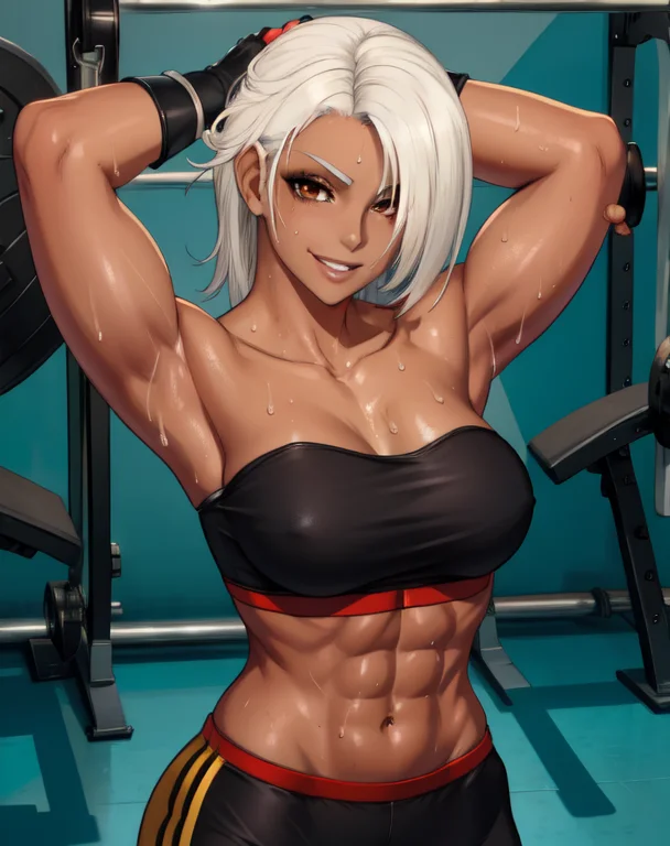 Vannesa,white hair,dark-skinned female,brown eyes,toned, upper body, sweat, smiling, 
Gym, steel cage,
 <lora:VannesaVF-10v6:0.7>