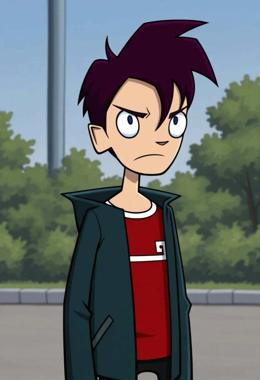 masterpiece,best quality,amazing quality, 
RandyCunningham, 1boy, male focus, solo, blue eyes, purple hair, shirt, red shirt, jacket, green jacket, open jacket, outdoor, frown,