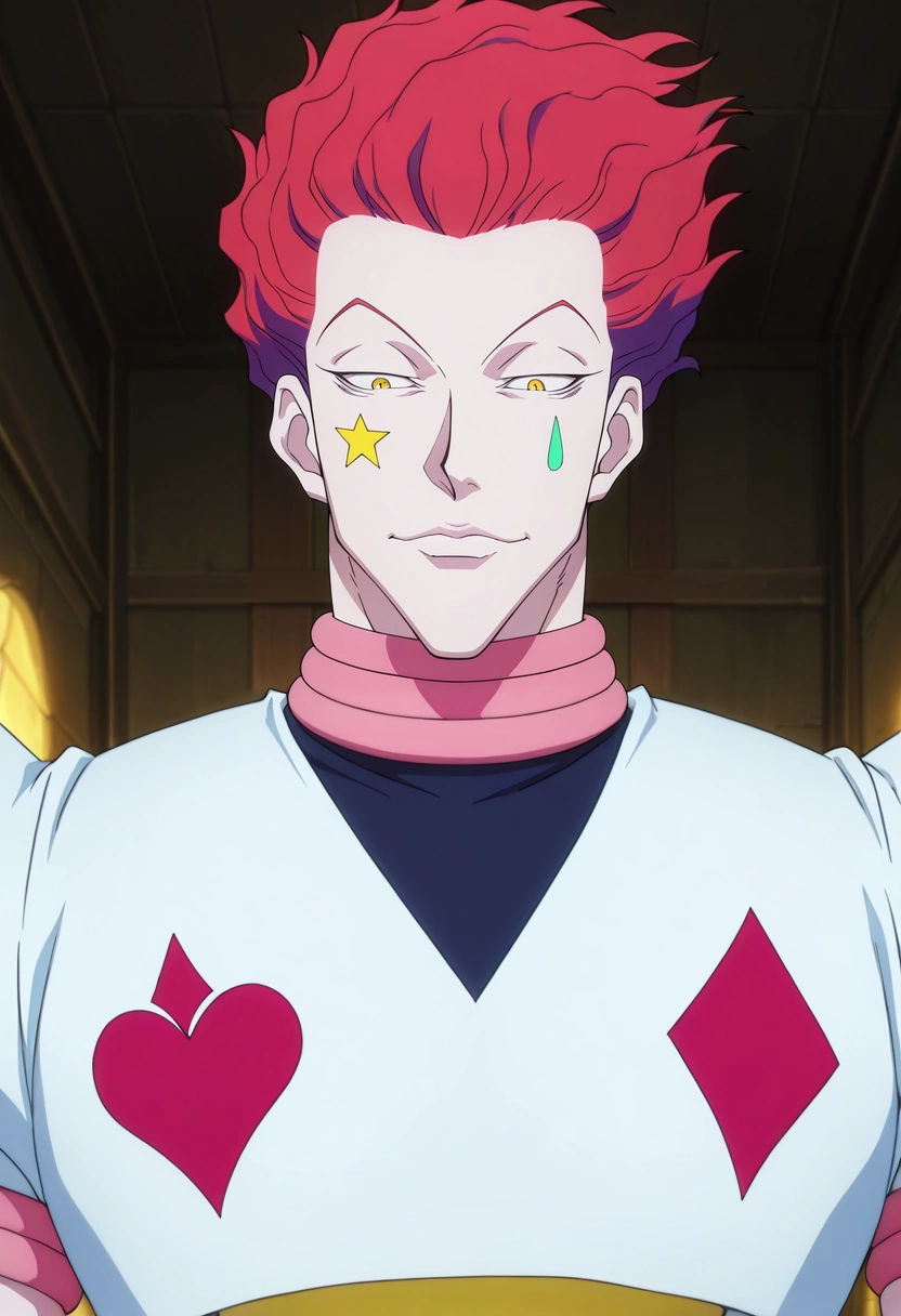 masterpiece, best quality, , anime screencap, anime coloring, official style, , 1boy, solo, male focus, <lora:hisoka_morow_ilxl:0.94>, hisoka_morow, red hair, yellow eyes, , ,