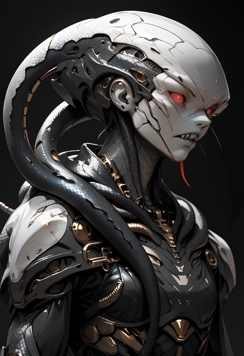 Subject: A humanoid-shark hybrid creature, with the head of a great white shark and a muscular, off-white humanoid body. snake, snake on shoulders, upper body. The creature stands aggressively, with its shoulders squared and head tilted forward, revealing a menacing snarl and rows of sharp teeth.
Visual Elements: The shark's head is smooth, pale grey, with a pointed snout and visible red eyes. A small dorsal fin is visible behind the head. The creature's body is rough and textured, with a crudely stitched scar running horizontally across its chest. Golden, pointed, blade-like protrusions or armor pieces are visible on the creature's shoulders.
Lighting: Dramatic lighting, with a darker background that emphasizes the creature's features and provides a stark contrast to its lighter skin. The background is blurry, dark teal or blue-grey,
Camera Angle: Close-up, focusing on the creature's upper body and head. The angle of projection is slightly from below, looking up at the creature, enhancing its imposing presence.
Composition Style: The image is not a photograph, drawing, or line art, but a digitally created image, likely a rendering. There are no visible accessories, clothing, or wearable tech. The style of the artwork is realistic, with a high level of detail in the creature's skin texture and facial features.
sn4k3, snake, snake on shoulders, upper body, asdfm3cha, mcnm, monochrome, glow, neon