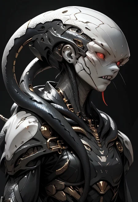 Subject: A humanoid-shark hybrid creature, with the head of a great white shark and a muscular, off-white humanoid body. snake, snake on shoulders, upper body. The creature stands aggressively, with its shoulders squared and head tilted forward, revealing a menacing snarl and rows of sharp teeth.
Visual Elements: The shark's head is smooth, pale grey, with a pointed snout and visible red eyes. A small dorsal fin is visible behind the head. The creature's body is rough and textured, with a crudely stitched scar running horizontally across its chest. Golden, pointed, blade-like protrusions or armor pieces are visible on the creature's shoulders.
Lighting: Dramatic lighting, with a darker background that emphasizes the creature's features and provides a stark contrast to its lighter skin. The background is blurry, dark teal or blue-grey,
Camera Angle: Close-up, focusing on the creature's upper body and head. The angle of projection is slightly from below, looking up at the creature, enhancing its imposing presence.
Composition Style: The image is not a photograph, drawing, or line art, but a digitally created image, likely a rendering. There are no visible accessories, clothing, or wearable tech. The style of the artwork is realistic, with a high level of detail in the creature's skin texture and facial features.
sn4k3, snake, snake on shoulders, upper body, asdfm3cha, mcnm, monochrome, glow, neon
