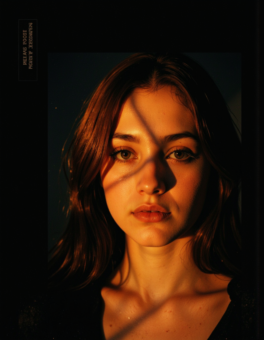 The image is a photograph of a young woman with a dramatic, moody atmosphere. The photograph is shot in a low-key, high-contrast style, with the primary light source casting a warm, golden glow on her face, creating deep shadows and highlighting her features. The woman appears to be in her early twenties, with a fair skin tone and a slender build. She has long, dark brown hair that cascades over her shoulders, with a few strands framing her face. <lora:Synesthesia:0.45>