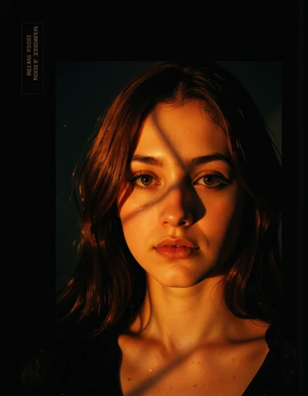The image is a photograph of a young woman with a dramatic, moody atmosphere. The photograph is shot in a low-key, high-contrast style, with the primary light source casting a warm, golden glow on her face, creating deep shadows and highlighting her features. The woman appears to be in her early twenties, with a fair skin tone and a slender build. She has long, dark brown hair that cascades over her shoulders, with a few strands framing her face. <lora:Synesthesia:0.45>