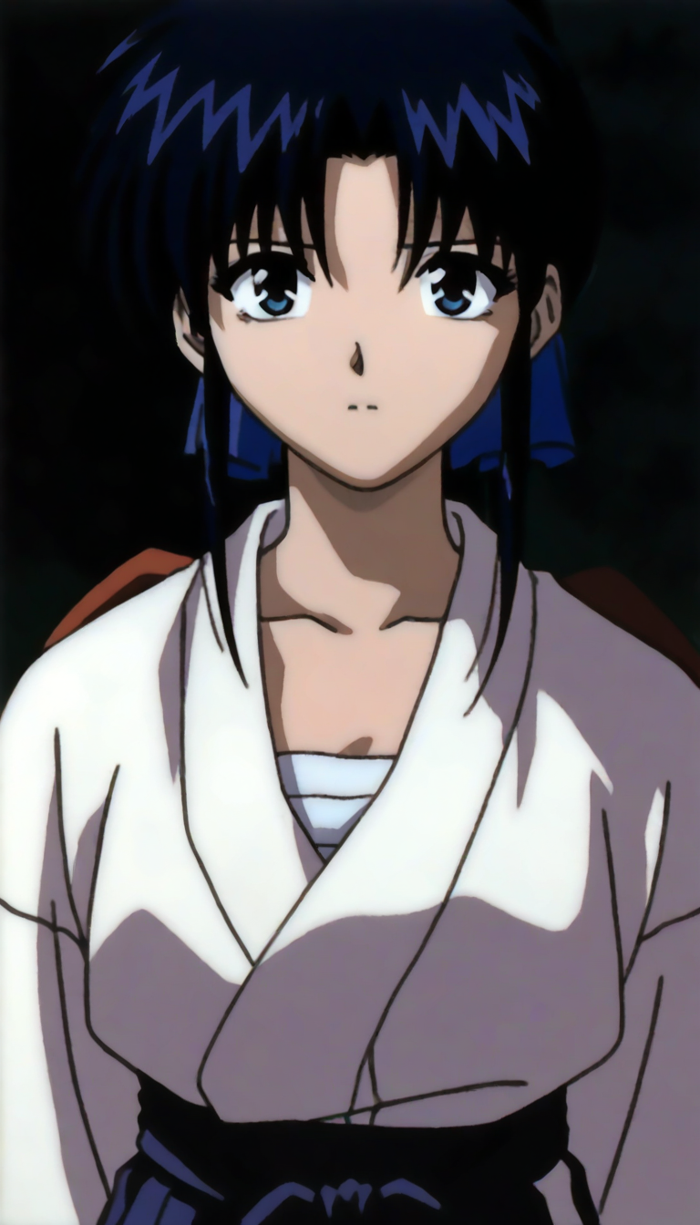 masterpiece,best quality,amazing quality,
<lora:kamiyakaoruNAI:1>,kamiyakaoru,
1girl,solo,black hair,bangs,ponytail,blue eyes,white kimono,bandage on chest,purple hakama,
portrait,looking ahead,parted lips,
depth of field,