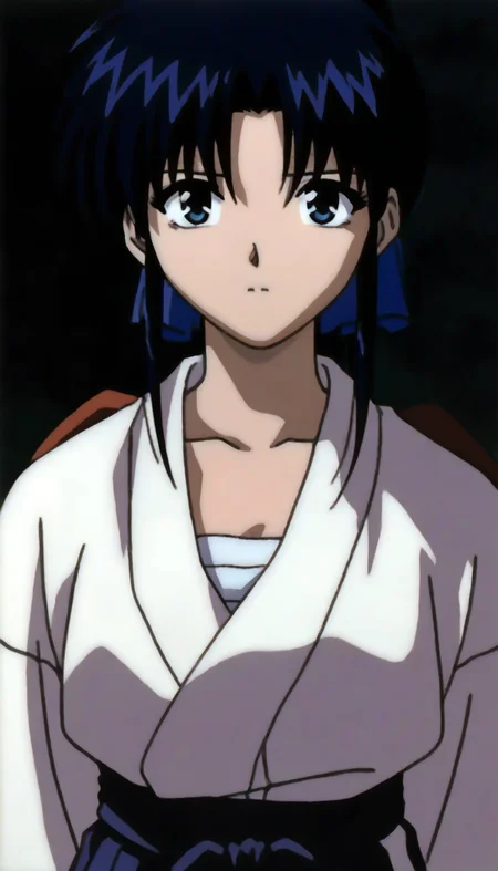 masterpiece,best quality,amazing quality,
<lora:kamiyakaoruNAI:1>,kamiyakaoru,
1girl,solo,black hair,bangs,ponytail,blue eyes,white kimono,bandage on chest,purple hakama,
portrait,looking ahead,parted lips,
depth of field,