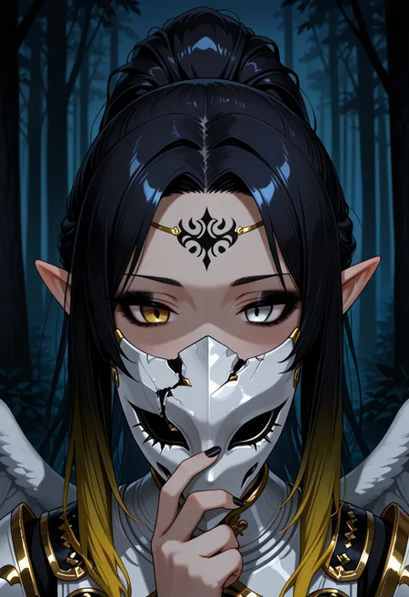1girl, solo, mature, elf ears, black hair, (ponytail hair:0.9), long hair, gradient hair, yellow hair, heterochromia, white eyes, yellow eyes, gradient eyes, (black eyes:0.5), close up, portrait, white wings, furled wings, half oni mask, white mask, gold accents on the mask, (broken mask, missing mask parts), holding mask, white armor, armor with black and gold accents., runic tattoo on forehead, black nails, long fignernails, goth, black eyeshadow, black eyeliner, forest outdoors, night, (dark, dark lighting:1.3),
(masterpiece:1.1), best quality, absurdres