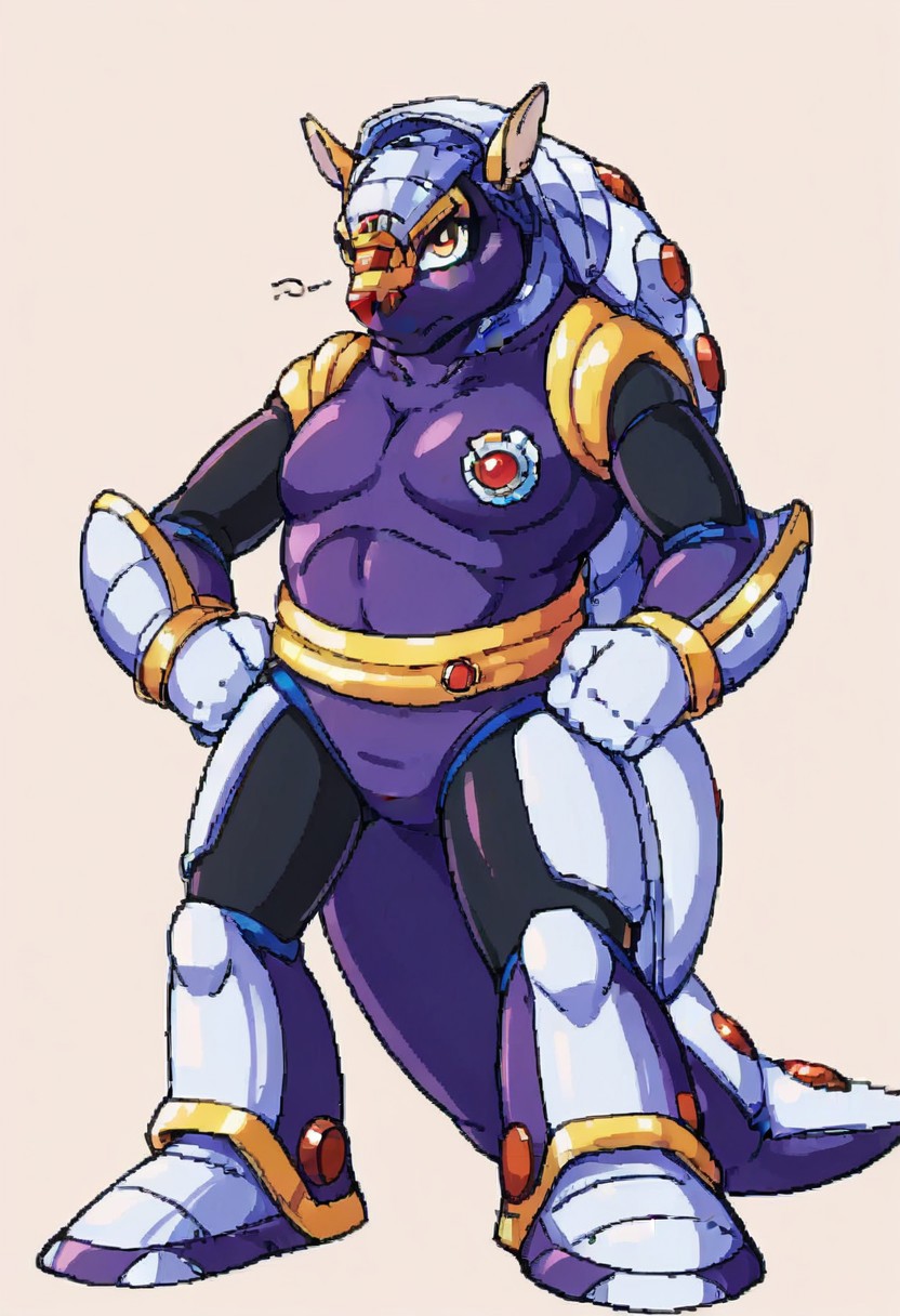 score_9, score_8_up, score_7_up, score_6_up, score_5_up, source_furry, maverick, armored armadillo, mmx, purple + gold armor, armadillo, metallic, robot animal, shell, red nose, armadillo ears, genderswap, 1girl, female, adult, breast, solo, looking at viewer, unamused, glare, hands on hip
