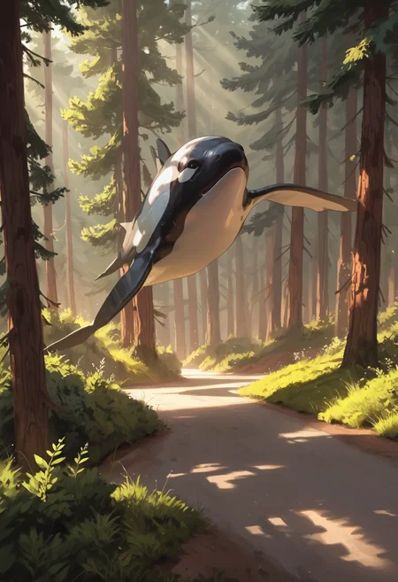 score_9, score_8_up, score_7_up, score_6_up, score_5_up, score_4_up,
<lora:ScenicHorizonsV3.1:1> sc3n1ch0r1s0ns,
solo, day, tree, pokemon, (orca), in the air, shadow, pine tree, animal, leaf, sunlight, grass, scenery, nature, forest, light rays, bush, road, animal focus, dappled sunlight,
