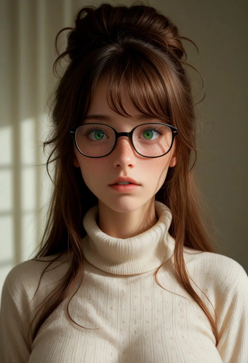 score_9, score_8_up, score_7_up, score_6_up, 1girl, solo, portrait, 20 years old, female student, young and cute, extremely long hair, brown hair, thick hair, voluminous hair, messy hair, bangs, hair bun, freckles, green eyes, nerd, ((nerdy girl)), wearing glasses, detailed eyes, looking at viewer, embarrassed, flustered, shy, aroused, parted lips, turtleneck sweater, large breasts, covered breasts, sweaty, warm lighting, Expressiveh