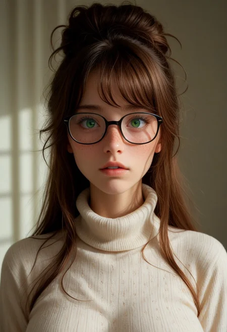 score_9, score_8_up, score_7_up, score_6_up, 1girl, solo, portrait, 20 years old, female student, young and cute, extremely long hair, brown hair, thick hair, voluminous hair, messy hair, bangs, hair bun, freckles, green eyes, nerd, ((nerdy girl)), wearing glasses, detailed eyes, looking at viewer, embarrassed, flustered, shy, aroused, parted lips, turtleneck sweater, large breasts, covered breasts, sweaty, warm lighting, Expressiveh