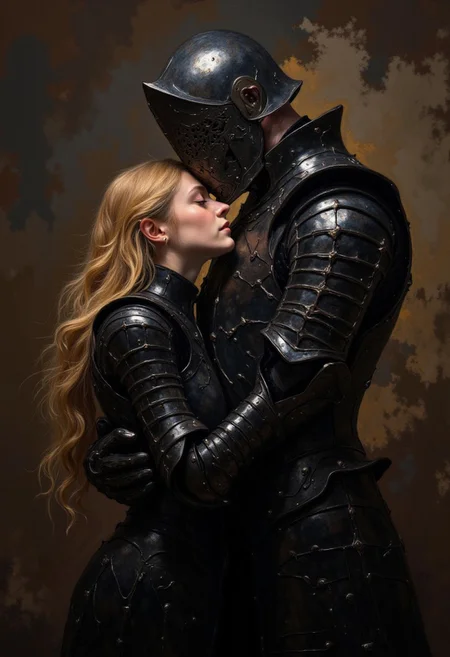 A close-up of two figures in dark, medieval-style armor, locked in an intimate embrace. The main figure, a tall and muscular knight, wears a full suit of black plate armor with intricate details and sharp, angular edges. His helmet is completely closed, obscuring his face, and his body is slightly leaning forward as he holds the second figure tightly. The second figure is a woman in matching black armor, with long, flowing golden hair cascading down her back. Her face is partially visible, pressed against the knight"s chest, her eyes closed. Their armor reflects minimal light, highlighting the texture of the metal. The lighting is soft and subdued, creating a moody and emotional atmosphere. The background is a muted, abstract blend of dark browns and grays, drawing full attention to the figures.  <lora:FLUX-daubrez-DB4RZ:0.93> DB4RZ, DB4RZ style painting,  <lora:aidmaImageUpgrader-FLUX-V0.1:0.33> detailmaximizer,