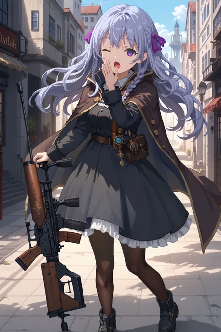 score_max, (score_9, score_8_up, score_7_up:1.2), score_6_up, official art, source_anime,
, masterpiece, absurdres, high detail, 8k,
city, street, steampunk,
planted rifle, holding rifle, anti-materiel rifle, yawning, one eye closed, expressionless,
pixel art, felicette, hair ribbon, purple ribbon, brown cape, black dress, long sleeves, belt, brown pantyhose, black footwear
<lora:XL_Pony_game-marfushasg-felicette-t1:1>