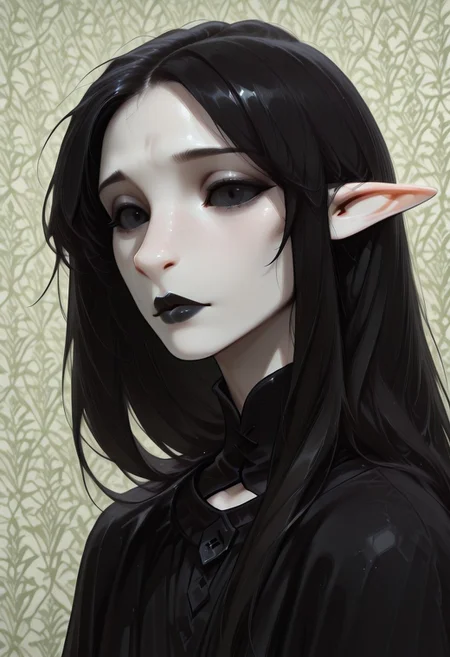 1 person, (lapanya, snout nose:1.4), solo, androgynous, pointy ears, sleek hair, straight hair, long hair, black hair, straight hair, parted bangs, hair over shoulders, ((flat black sclera, pinprick irises)):1.5, (very pale skin, white skin), ((full lips, black lipstick)), parted lips, black cloak, low collar, collarbone, side view,
3/4 view, head focus,
Medieval style, Smooth colors, detailed face, smooth skin, smooth nose, organic cavern background, clean lines, high quality, best quality, masterpiece, rating: safe, source: semi-realistic,