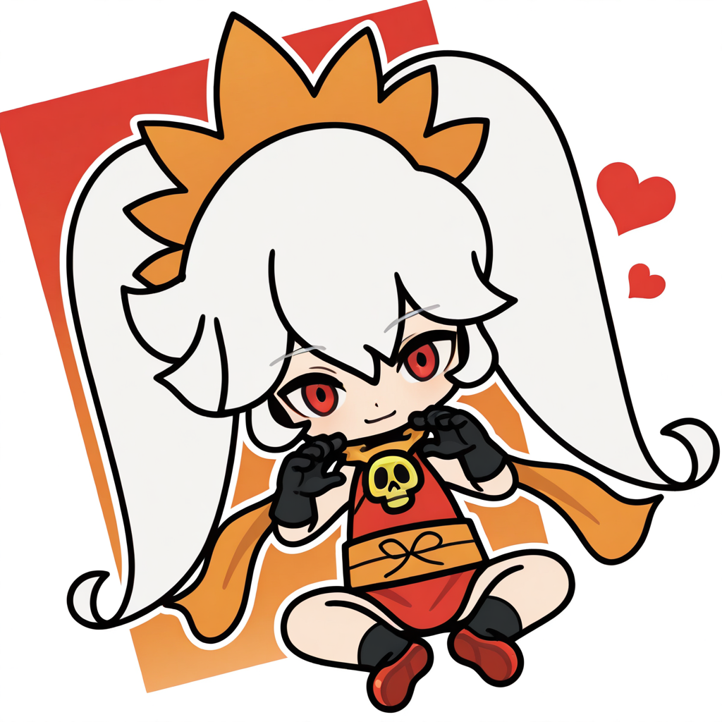 AshleyWWG, 1girl, solo, chibi, ninja, red ninja outfit, eyes glow red, white hair, two large pigtails, bang, orange tiara, red flat shoes, black socks, black gloves, orange scarf, golden skull brooch, orange ribbon on waist, red katana,, looking at viewer, heart , Sitting, (light smile, dutch angle, naughty pose, looking at viewer, solo, dynamic pose, full_body, head tilt,),(( White frame, white outline))