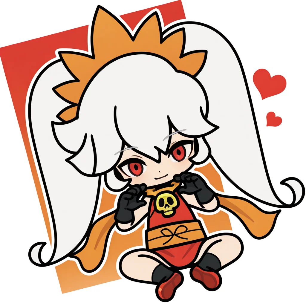 AshleyWWG, 1girl, solo, chibi, ninja, red ninja outfit, eyes glow red, white hair, two large pigtails, bang, orange tiara, red flat shoes, black socks, black gloves, orange scarf, golden skull brooch, orange ribbon on waist, red katana,, looking at viewer, heart , Sitting, (light smile, dutch angle, naughty pose, looking at viewer, solo, dynamic pose, full_body, head tilt,),(( White frame, white outline))